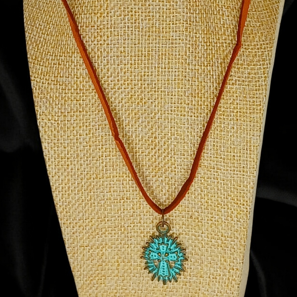 Leather Cord Medallion Necklace Cross Pendant Religious Jewelry Christian Boho